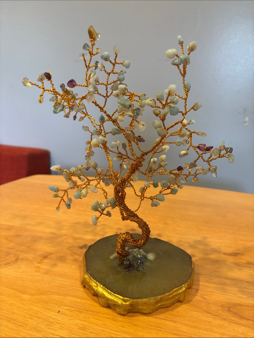 Wire Gemstone Tree Sculpture with Gold Wire and Pale Green Beads